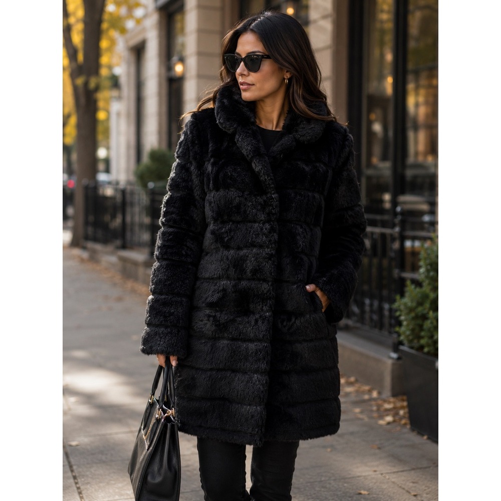 Wilsons Leather Pelle Studio Black Rabbit Fur Coat Tiered Mid Length Womens L